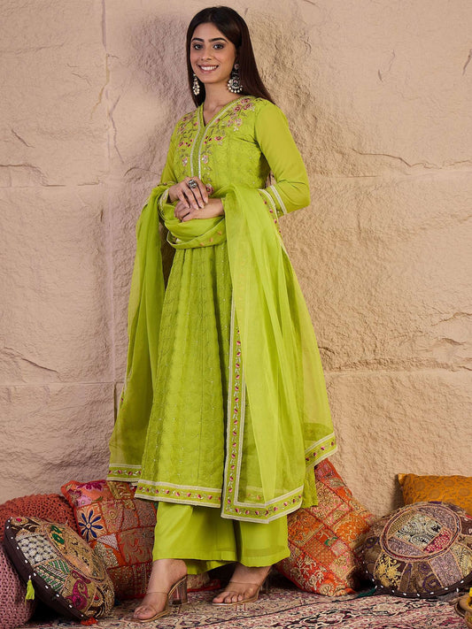 Women Floral Embroidered Regular Thread Work A-Line Kurta with Trousers & Dupatta