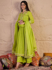 Women Floral Embroidered Regular Thread Work A-Line Kurta with Trousers & Dupatta