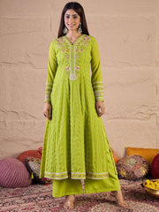 Women Floral Embroidered Regular Thread Work A-Line Kurta with Trousers & Dupatta
