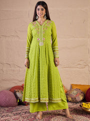 Women Floral Embroidered Regular Thread Work A-Line Kurta with Trousers & Dupatta