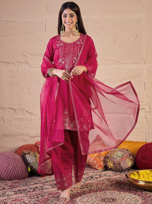 Floral Thread & Sequinned Embroidered Kurta & Dhoti Pants With Dupatta