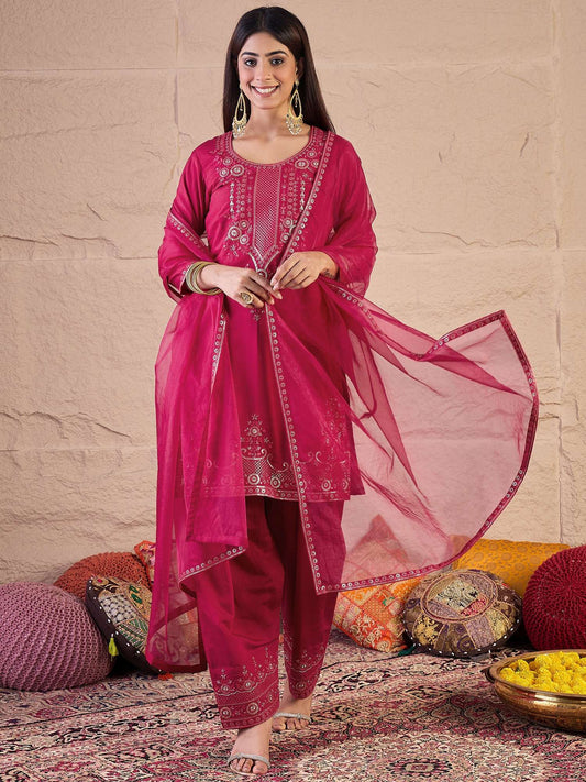 Women Floral Embroidered Kurta with Palazzos & Dupatta