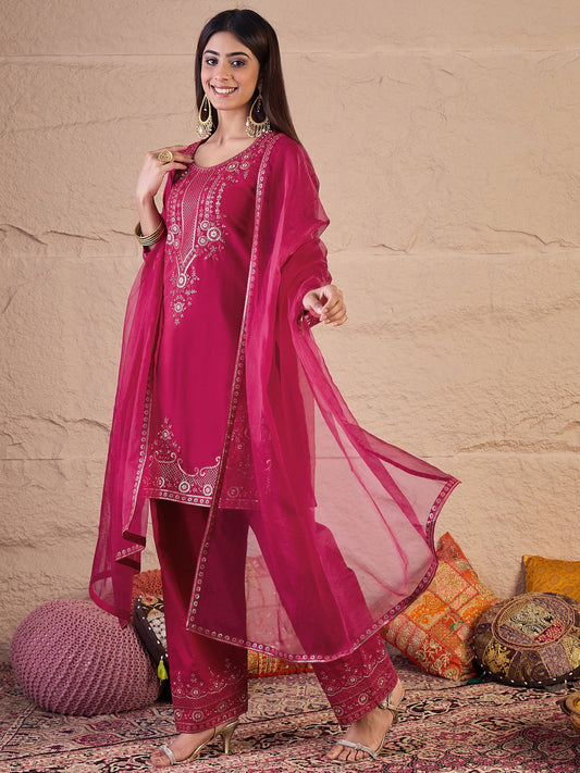 Women Floral Embroidered Kurta with Palazzos & Dupatta