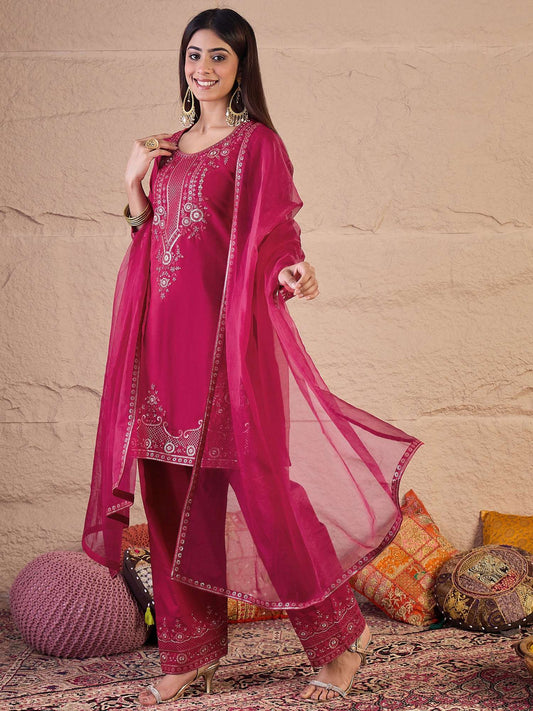 Women Floral Embroidered Kurta with Palazzos & Dupatta