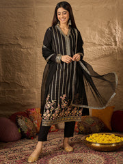 Floral Embroidered V-Neck Thread Work Straight Kurta With Trousers & Dupatta