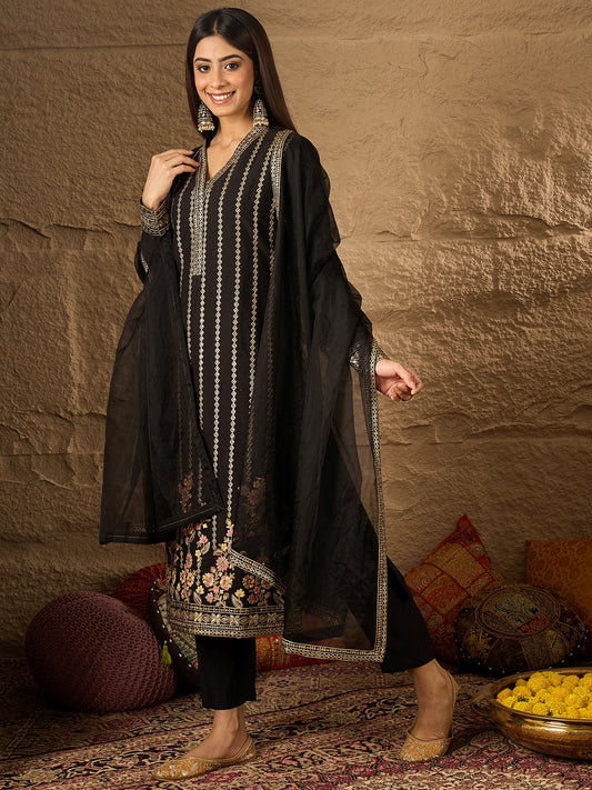 Floral Embroidered V-Neck Thread Work Straight Kurta With Trousers & Dupatta