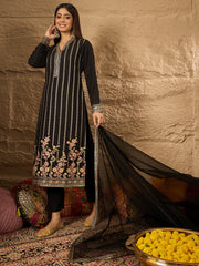 Floral Embroidered V-Neck Thread Work Straight Kurta With Trousers & Dupatta