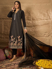 Floral Embroidered V-Neck Thread Work Straight Kurta With Trousers & Dupatta