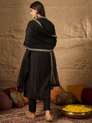 Embroidered Silk Blend V-Neck Kurta & Trousers With Dupatta