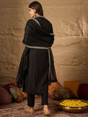 Floral Embroidered V-Neck Thread Work Straight Kurta With Trousers & Dupatta