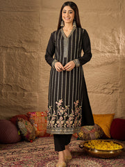 Floral Embroidered V-Neck Thread Work Straight Kurta With Trousers & Dupatta