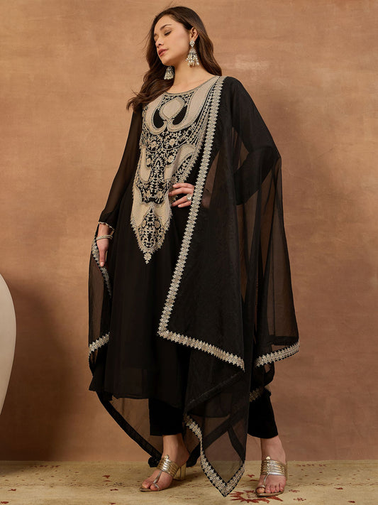 Women Ethnic Motifs Embroidered Regular Thread Work Kurta with Trousers & With Dupatta