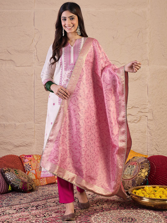 Floral Zari Woven Design Straight Kurta With Trousers And Dupatta