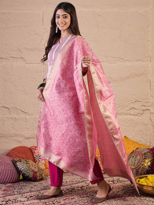 Floral Zari Woven Design Straight Kurta With Trousers And Dupatta