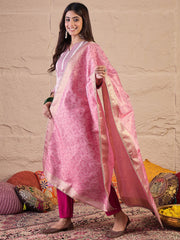 Floral Zari Woven Design Straight Kurta With Trousers And Dupatta