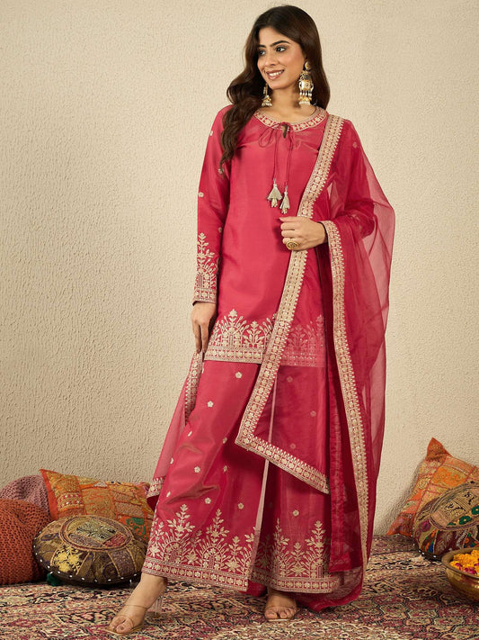 Ethnic Motifs Embroidered Zari Work Kurta With Palazzos & Dupatta