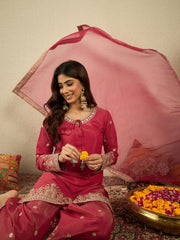 Ethnic Motifs Embroidered Zari Work Kurta With Palazzos & Dupatta