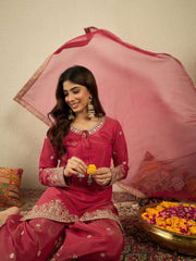 Ethnic Motifs Embroidered Zari Work Kurta With Palazzos & Dupatta