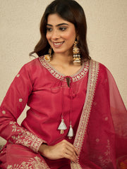 Ethnic Motifs Embroidered Zari Work Kurta With Palazzos & Dupatta