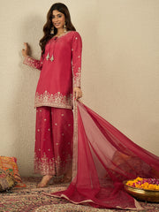 Ethnic Motifs Embroidered Zari Work Kurta With Palazzos & Dupatta