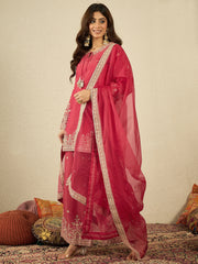 Ethnic Motifs Embroidered Zari Work Kurta With Palazzos & Dupatta