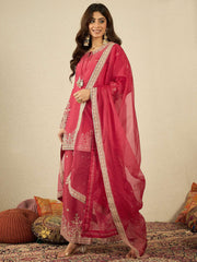 Ethnic Motifs Embroidered Zari Work Kurta With Palazzos & Dupatta
