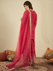 Ethnic Motifs Embroidered Zari Work Kurta With Palazzos & Dupatta