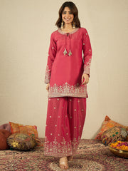 Ethnic Motifs Embroidered Zari Work Kurta With Palazzos & Dupatta