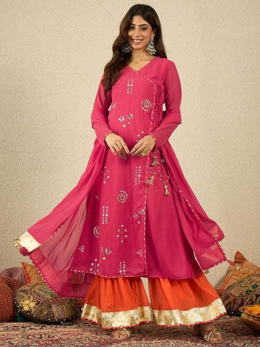 Women Ethnic Motifs Embroidered Angrakha Kurta with Palazzos & With Dupatta