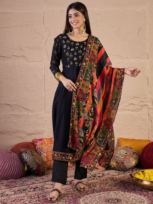 Women Floral Embroidered Silk Anarkali Kurta with Trousers & Dupatta