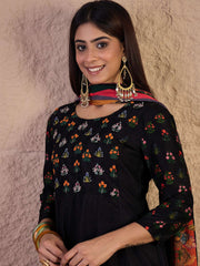 Women Floral Embroidered Silk Anarkali Kurta with Trousers & Dupatta