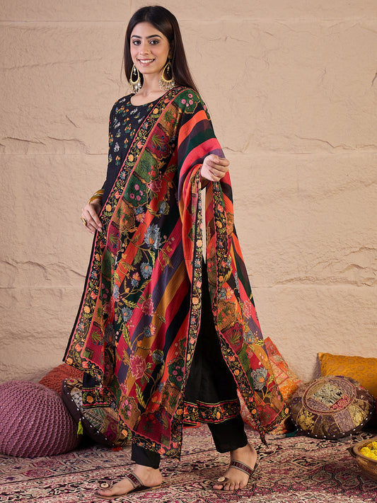 Women Floral Embroidered Silk Anarkali Kurta with Trousers & Dupatta