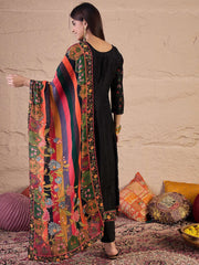 Women Floral Embroidered Silk Anarkali Kurta with Trousers & Dupatta