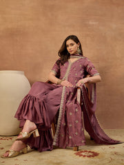 Women Ethnic Motifs Embroidered Angrakha Thread Work Kurta with Sharara & With Dupatta