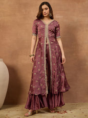 Women Ethnic Motifs Embroidered Angrakha Thread Work Kurta with Sharara & With Dupatta
