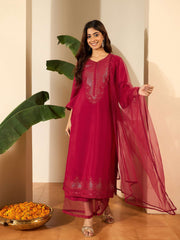 Floral Yoke Design Sweetheart Neck Straight Kurta & Trousers With Dupatta