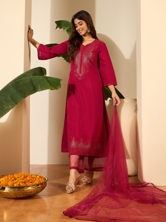 Floral Yoke Design Sweetheart Neck Straight Kurta & Trousers With Dupatta