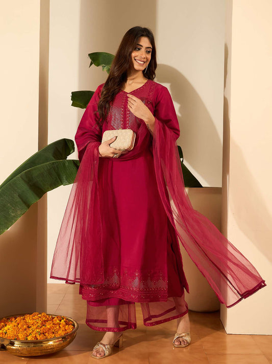 Floral Yoke Design Sweetheart Neck Straight Kurta & Trousers With Dupatta