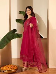 Floral Yoke Design Sweetheart Neck Straight Kurta & Trousers With Dupatta