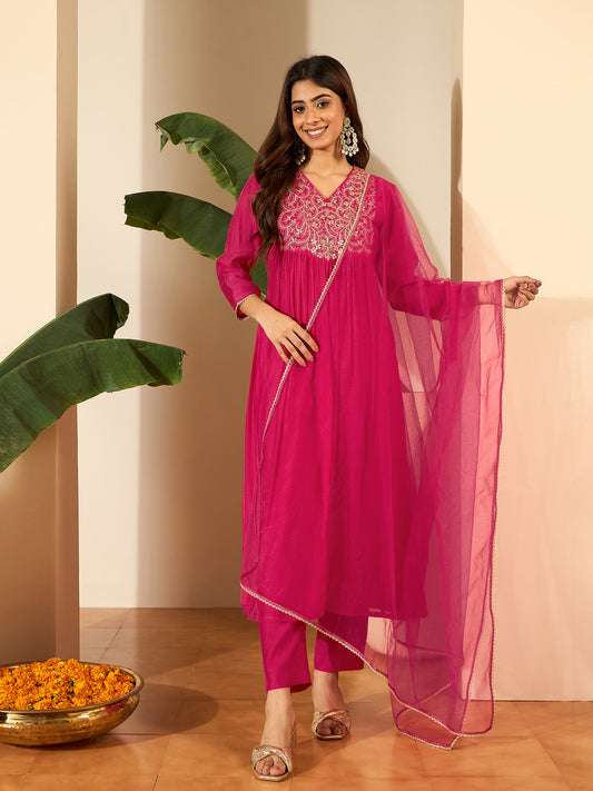 Women Floral Yoke Design Pleated Sequinned Chanderi Silk Kurta with Trousers & With Dupatta