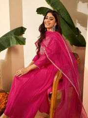Women Floral Yoke Design Pleated Sequinned Chanderi Silk Kurta with Trousers & With Dupatta