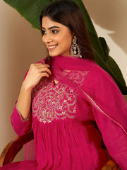 Women Floral Yoke Design Pleated Sequinned Chanderi Silk Kurta with Trousers & With Dupatta