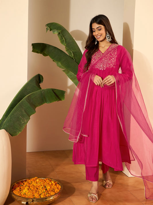 Women Floral Yoke Design Pleated Sequinned Chanderi Silk Kurta with Trousers & With Dupatta