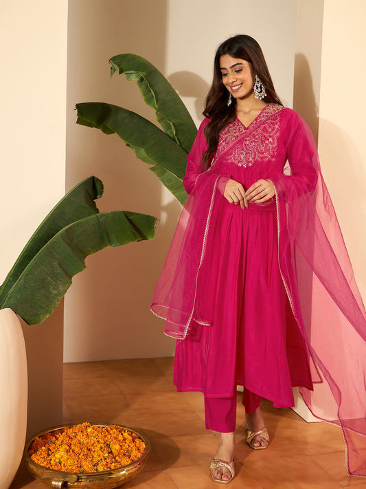 Women Floral Yoke Design Pleated Sequinned Chanderi Silk Kurta with Trousers & With Dupatta