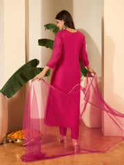 Floral Zariand Sequinned Embroidered V-Neck Kurta & Trousers With Dupatta