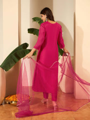 Women Floral Yoke Design Pleated Sequinned Chanderi Silk Kurta with Trousers & With Dupatta