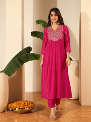 Women Floral Yoke Design Pleated Sequinned Chanderi Silk Kurta with Trousers & With Dupatta