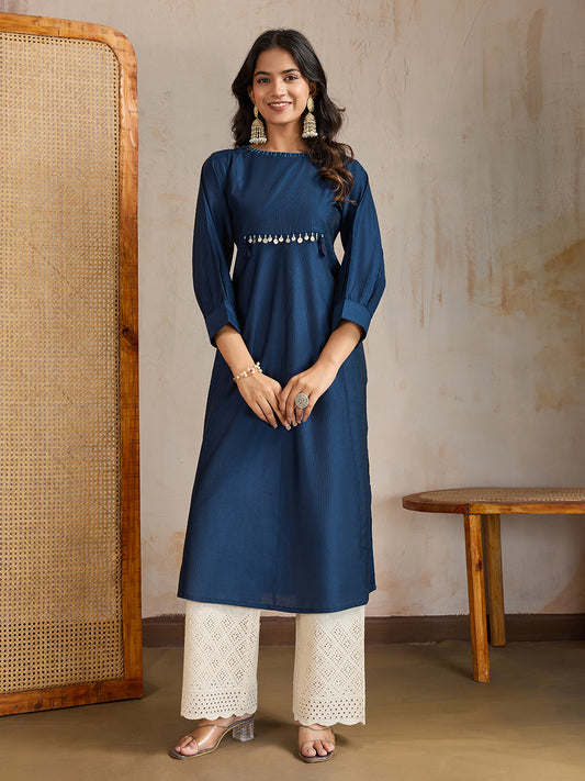 Women Boat Neck Puff Sleeve A-Line Kurta