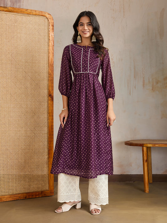 Women Bandhani Print Puff Sleeves Gotta Patti Anarkali Kurta