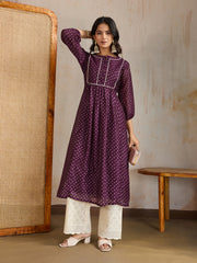 Women Bandhani Print Puff Sleeves Gotta Patti Anarkali Kurta